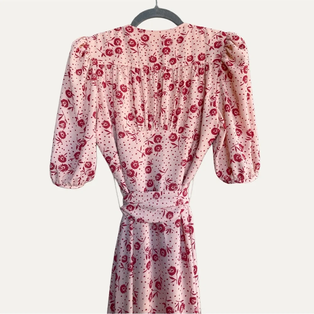 ROUJE Peach Pink Red Retro Classic Floral Dot Printed Rosalie Midi Wrap Dress - Picture 12 of 14